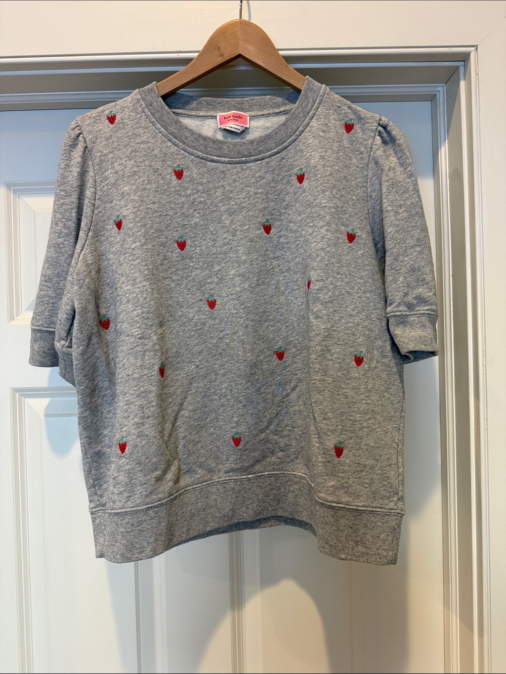 kate spade Gray Short Sleeve Sweatshirt with Red Strawberry Embroidery